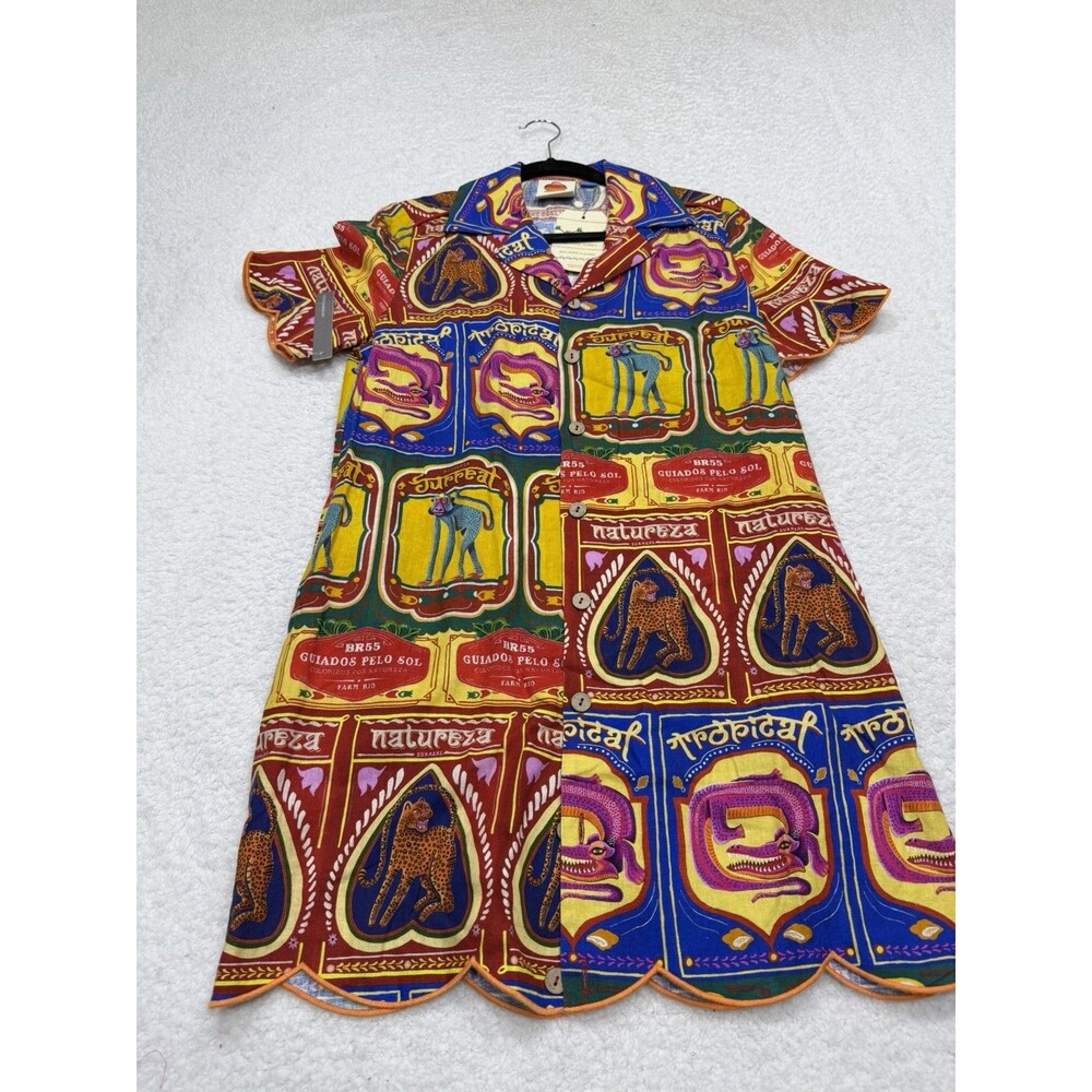 Farm Rio Anthropologie Shirt Dress Mini Scalloped Linen Vacay Preppy Size XS NWT - Picture 2 of 12